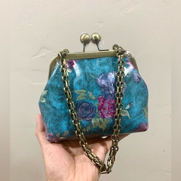Handmade Genuine Distressed Leather Floral Print Kisslock Clutch/Wristlet - Picture 1 of 15